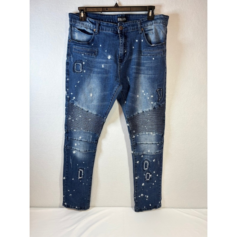 CJ Black Premium Mens Skinny Flex Moto Biker Jeans Blue Paint Splatter 38x32